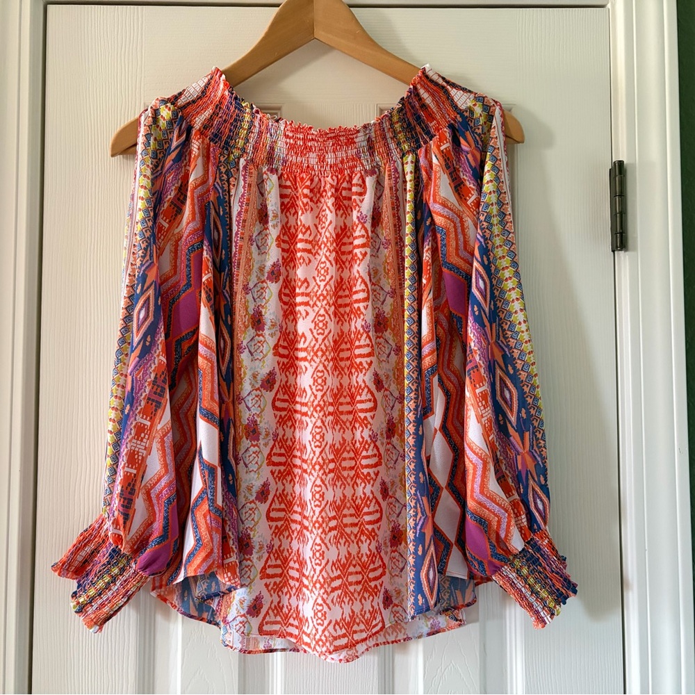 Ramy Brook Small XS Off-Shoulder Boho Top Orange Lightweight Flowy Split Sleeve
